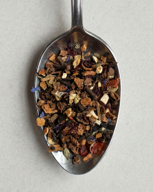 Spoon filled with a mix of dried herbs and spices on a light gray background
