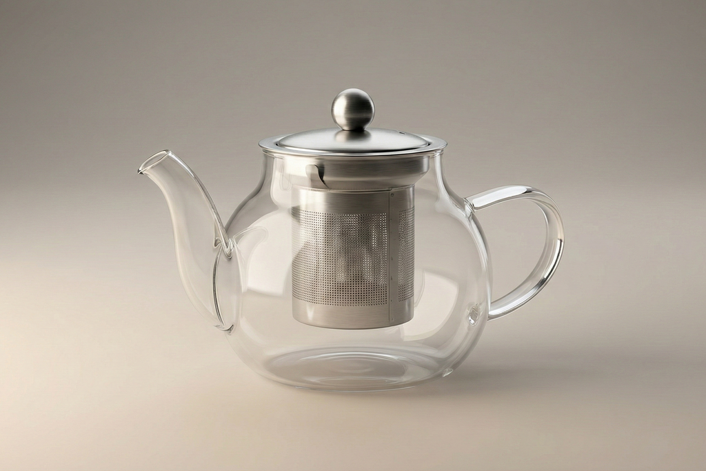 Clear glass teapot with silver lid and infuser on a beige background