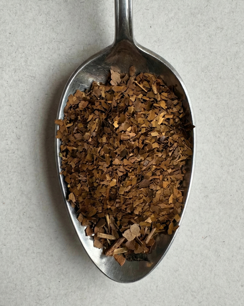Silver spoon filled with brown dried herbs on a light gray background