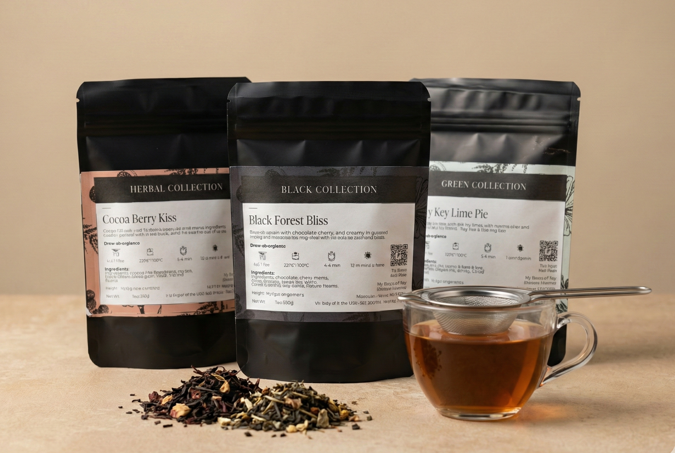 Three black tea bags from different collections with a cup of tea on a beige background