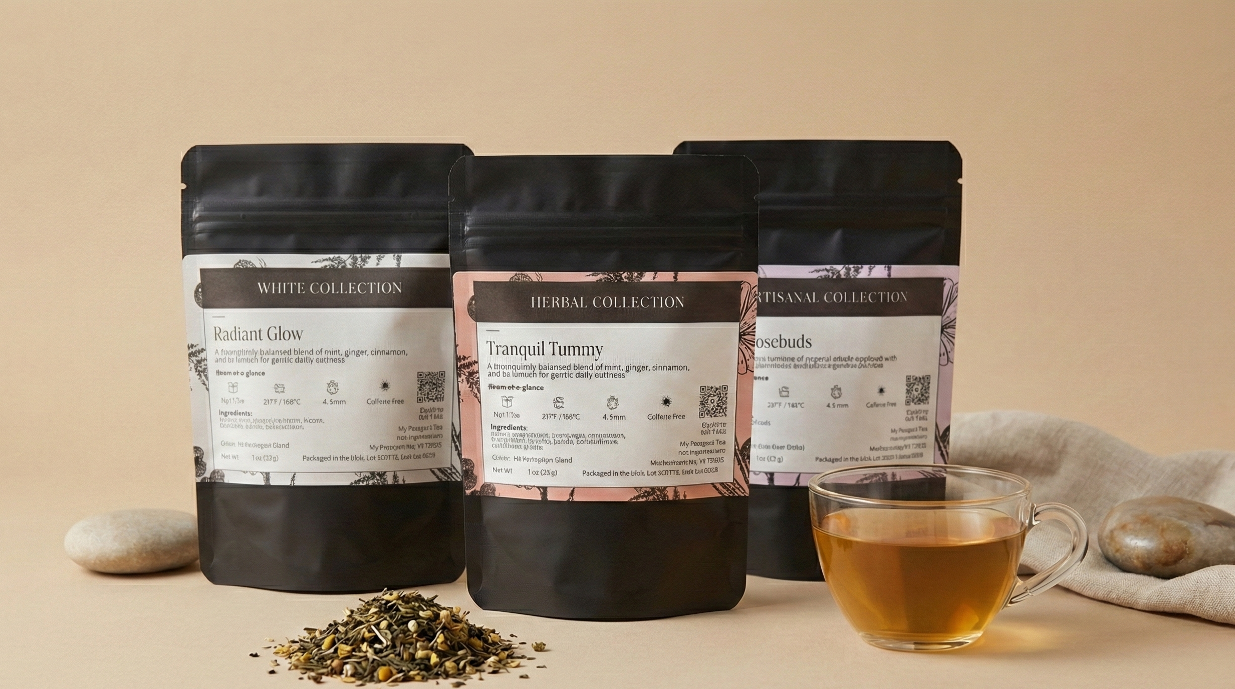 Three black tea bags with labels on a beige background, accompanied by a cup of tea and loose tea leaves.